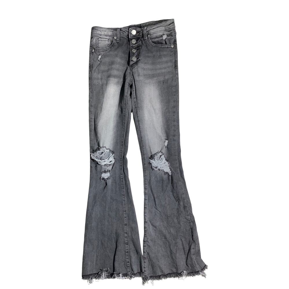 Risen Dark Gray Distressed Flare Jeans Women 26/3 — High Rise, Raw Hem, Y2K
